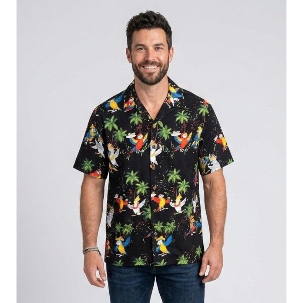 Pacific Legend Hawaiian Shirt Mens Medium Black Parrot Aloha Tropical Button‎ Up